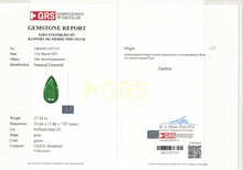Load image into Gallery viewer, Natural Zambia Modearte Emerald 27.34 cts Pear by SR-Takat
