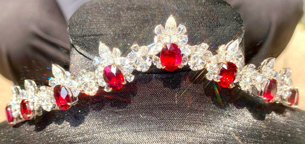 Magnificient Pigeon Blood No Heat Mozambique 3 cts each total of 28.34 cts Ruby necklace & crown combination by SR-Takat