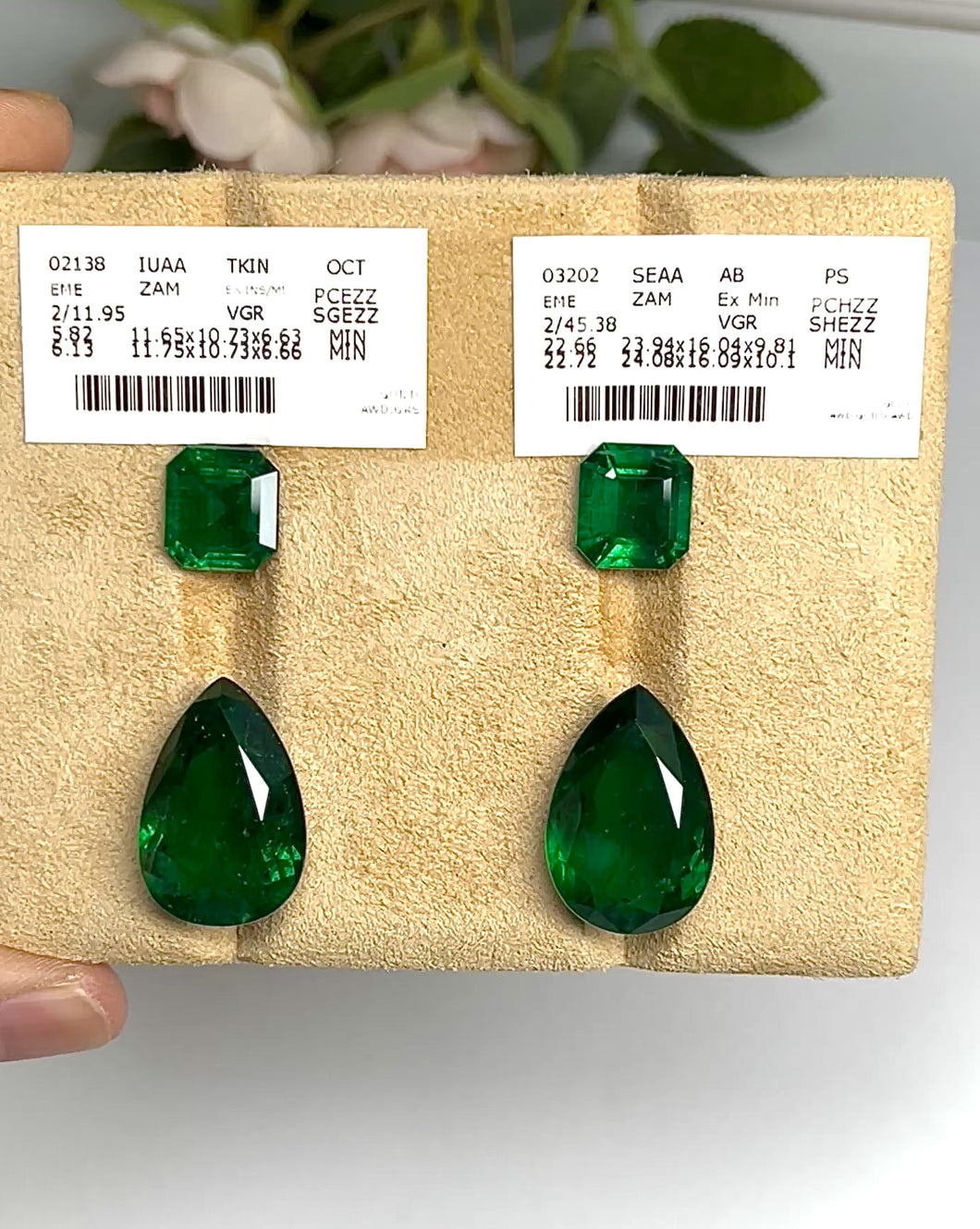 Natural Zambia Minor Emerald 11.95 cts Octagon pair & 45.38 Pear pair by SR-Takat
