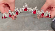 Load and play video in Gallery viewer, Magnificient Pigeon Blood No Heat Mozambique 3 cts each total of 27.50 cts Ruby necklace &amp; crown combination by SR-Takat
